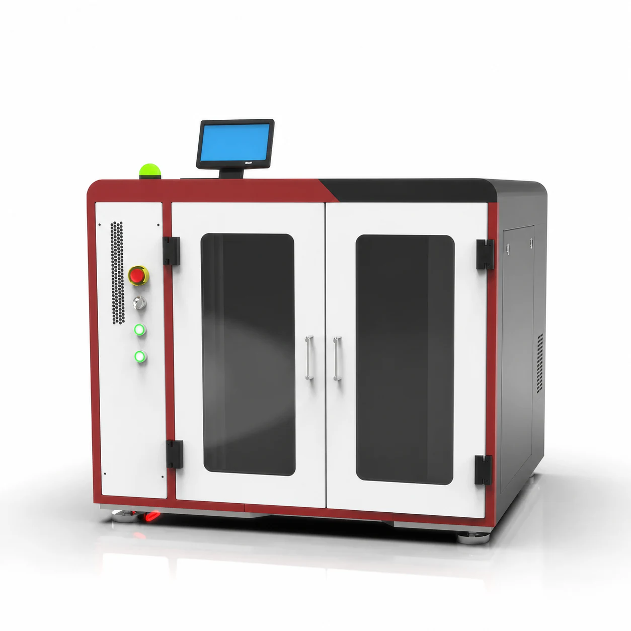 Angled view of an enclosed desktop fiber laser cutter