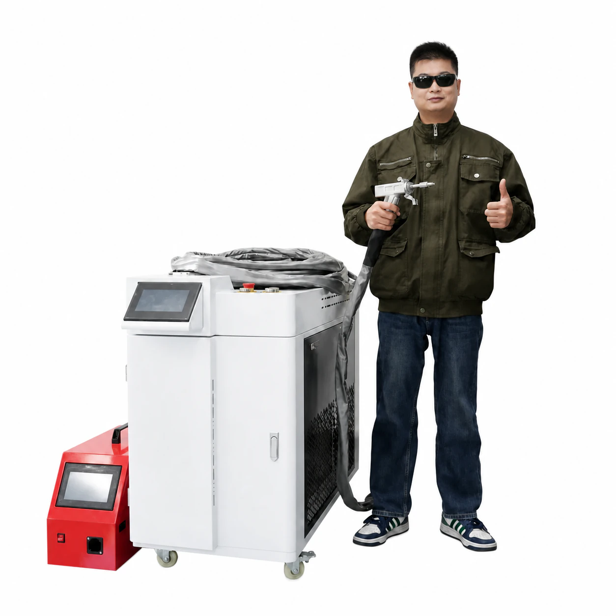 Operator with handheld laser welding system and wire feeder