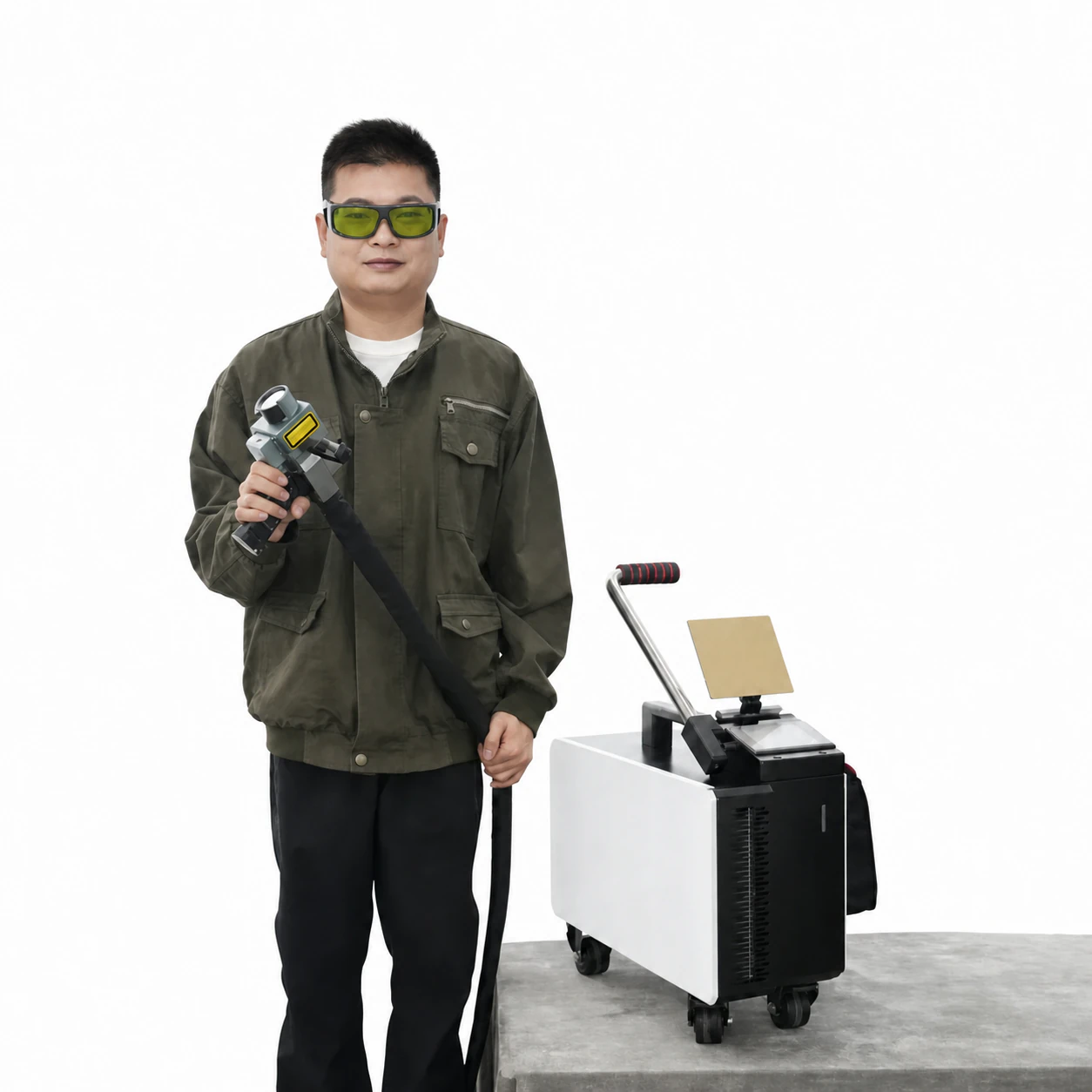 Operator with portable pulse laser cleaning machine